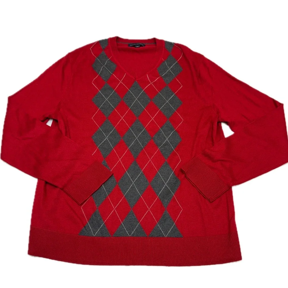Banana Republic Sweater Mens Large Red Argyle Silk Cashmere Preppy Academic
